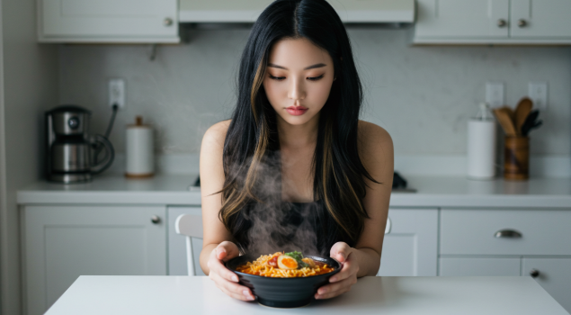 완성된 라면을 보며 즐거워 하는 이미지