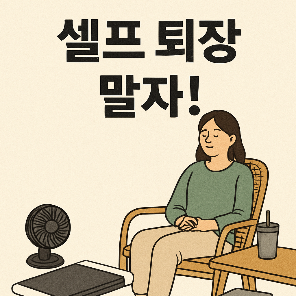 "‘셀프 퇴장 말자!’라는 문구와 함께, 편안히 의자에 앉아 미소 짓는 여성을 묘사한 따뜻한 분위기의 일러스트"