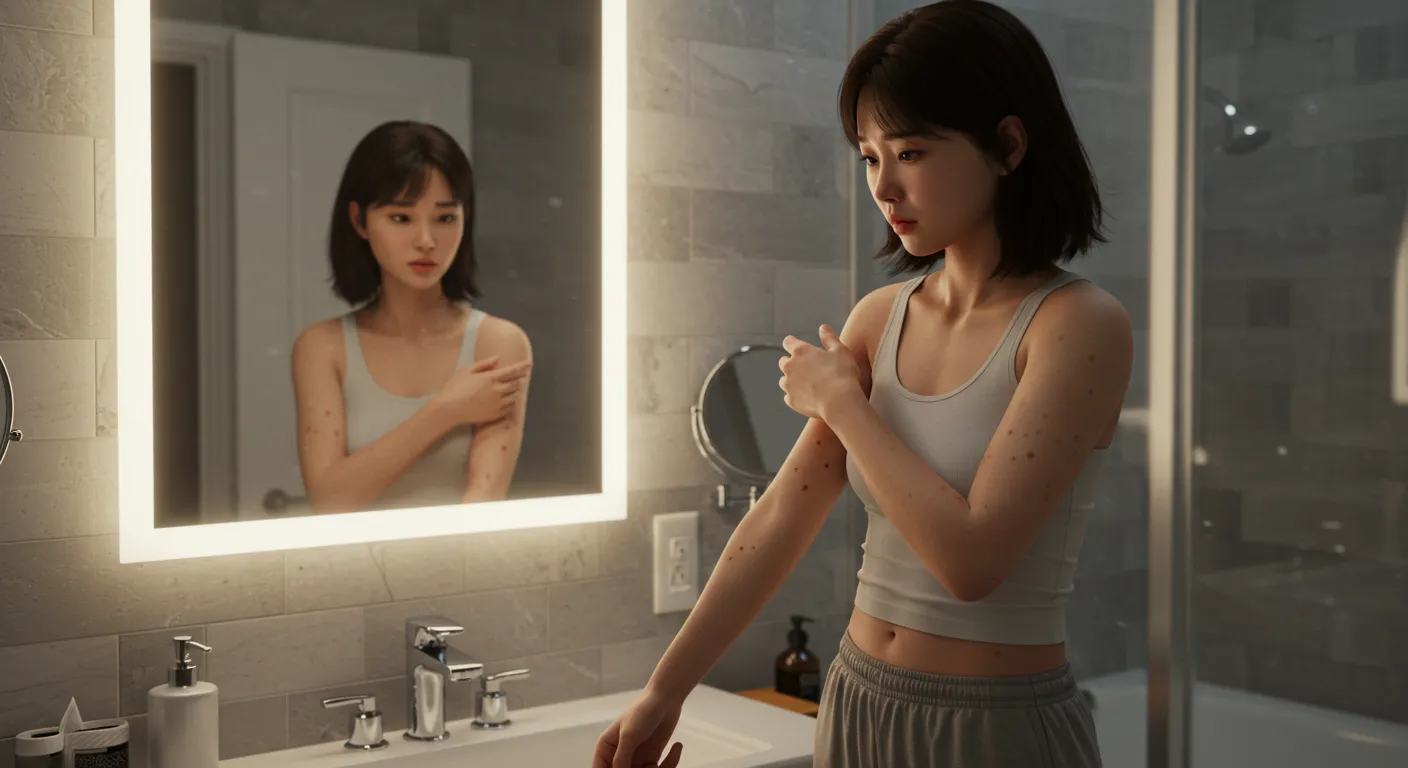 몸과 팔,팔뚝에 갑자기 생긴 점을 관찰하는 모습의 여성