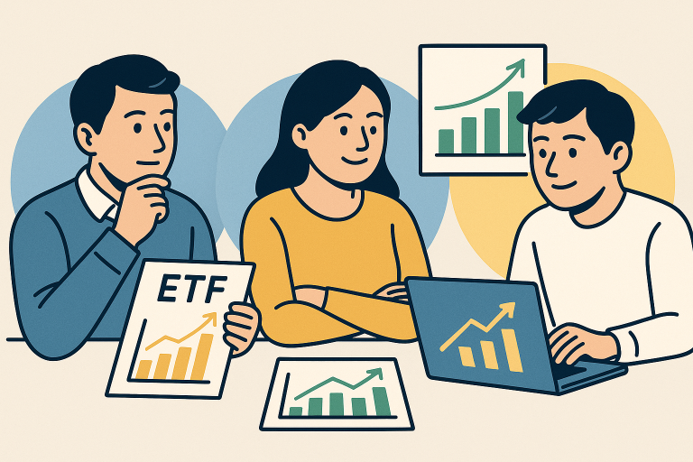 서로 다른 성향의 세 명의 인물이 각각의 투자 전략을 고민하거나 설명하는 모습을 담은 평면 스타일 디지털 일러스트. 왼쪽은 아기를 안은 아빠, 중앙은 노트북을 든 직장 여성, 오른쪽은 수첩을 보는 직장 남성으로 구성되어 다양한 투자자의 상황과 전략을 상징적으로 표현함.