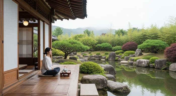 고요한 전통 정원에 둘러싸인 한옥 리트릿, 현대적인 내부와 평화로운 분위기에서 휴식하는 사람의 모습.
