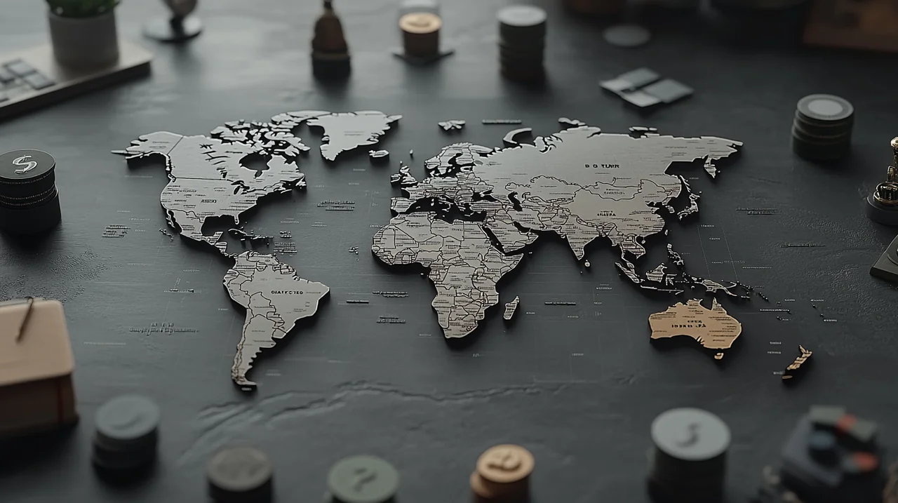 세계지도를 활용하여 국가별로 QV ETF와 QQQ ETF의 글로벌 분산 투자 포트폴리오를 표현, ETF 분산 투자, 글로벌 자산배분, 국가별 ETF, 투자전략, 수익 다양화 키워드 포함