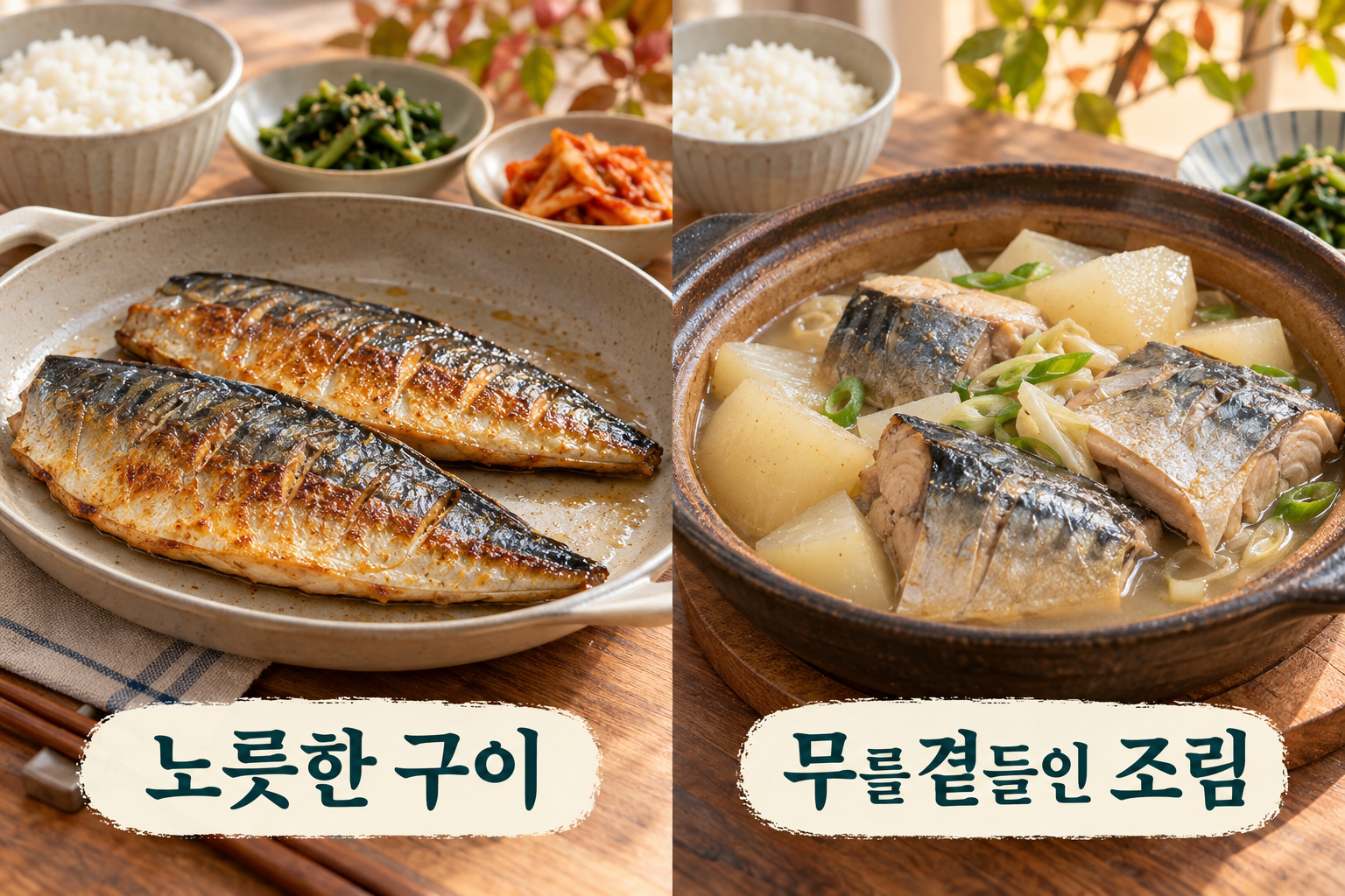 노릇한 고등어구이와 무를 곁들인 촉촉한 조림의 비교.