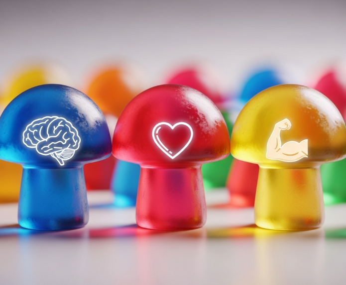 각각 다른 색깔의 버섯 구미들이 나란히 놓여 있고, 그 위로 뇌, 심장, 근육을 상징하는 아이콘이 겹쳐 있는 모습. 버섯 종류별로 다른 효능을 시각적으로 보여준다