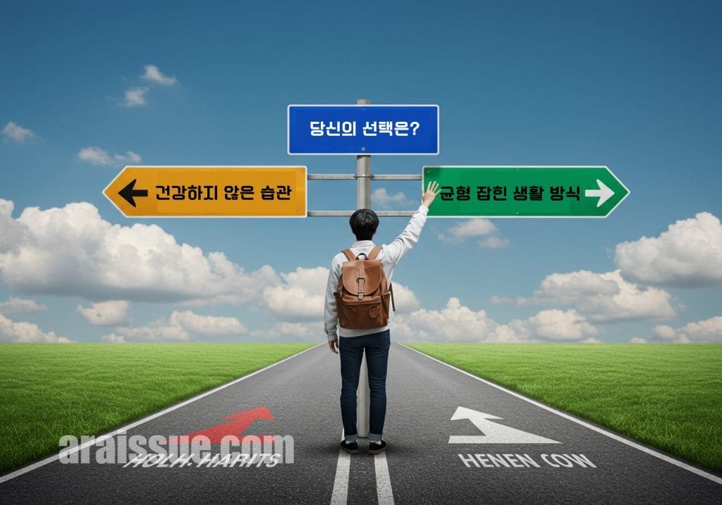 교차로에 서 있는 사람, 건강하지 않은 습관과 균형 잡힌 지속 가능한 생활 방식 사이의 선택을 상징합니다. 배경에는 서양식 도로 표지판이 있어 결정을 내리는 과정의 깊이를 더해줍니다.