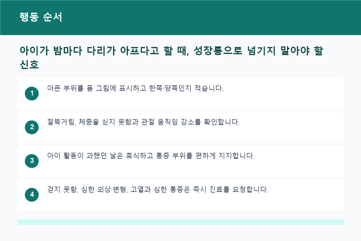 아이가 밤마다 다리가 아프다고 할 때, 성장통으로 넘기지 말아야 할 신호 행동 순서 정보 이미지