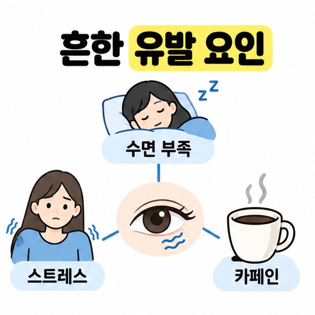 눈꺼풀 떨림 그림을 중심으로 수면 부족, 스트레스, 카페인을 연결해 흔한 유발 요인을 보여주는 도식