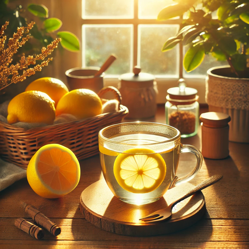 "창가에 놓인 따뜻한 레몬 물 한 잔과 아침 햇살이 비치는 따뜻한 분위기의 테이블"