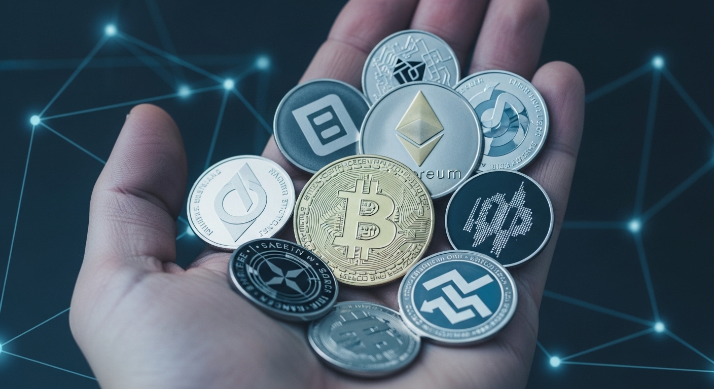 다양한 암호화폐 코인들이 한 손에 골고루 놓여있는 모습. 분산 투자의 중요성을 상징합니다.