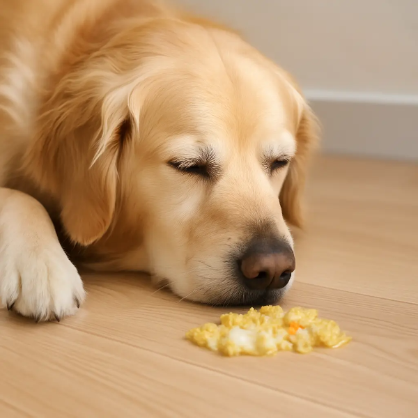 음식을 토한 뒤 고개를 바닥에 대고 힘없이 누워 있는 골든리트리버의 실사 이미지, 회복이 필요한 상태 표현