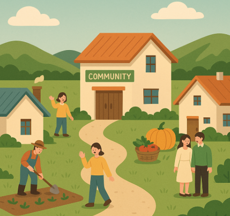 "농촌 마을 살리기 사업을 표현한 일러스트, 낡은 마을이 리모델링되어 공동체 건물과 새 주택, 로컬푸드 장터로 변신하고 주민들이 교류하는 모습"