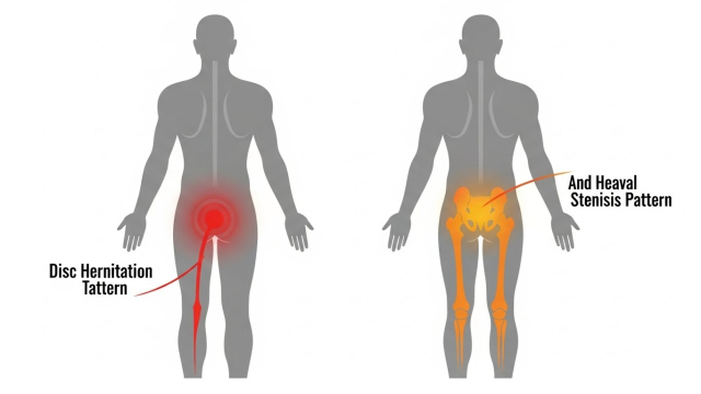 허리디스크와 척추관협착증의 통증 부위를 비교한 인체 그림