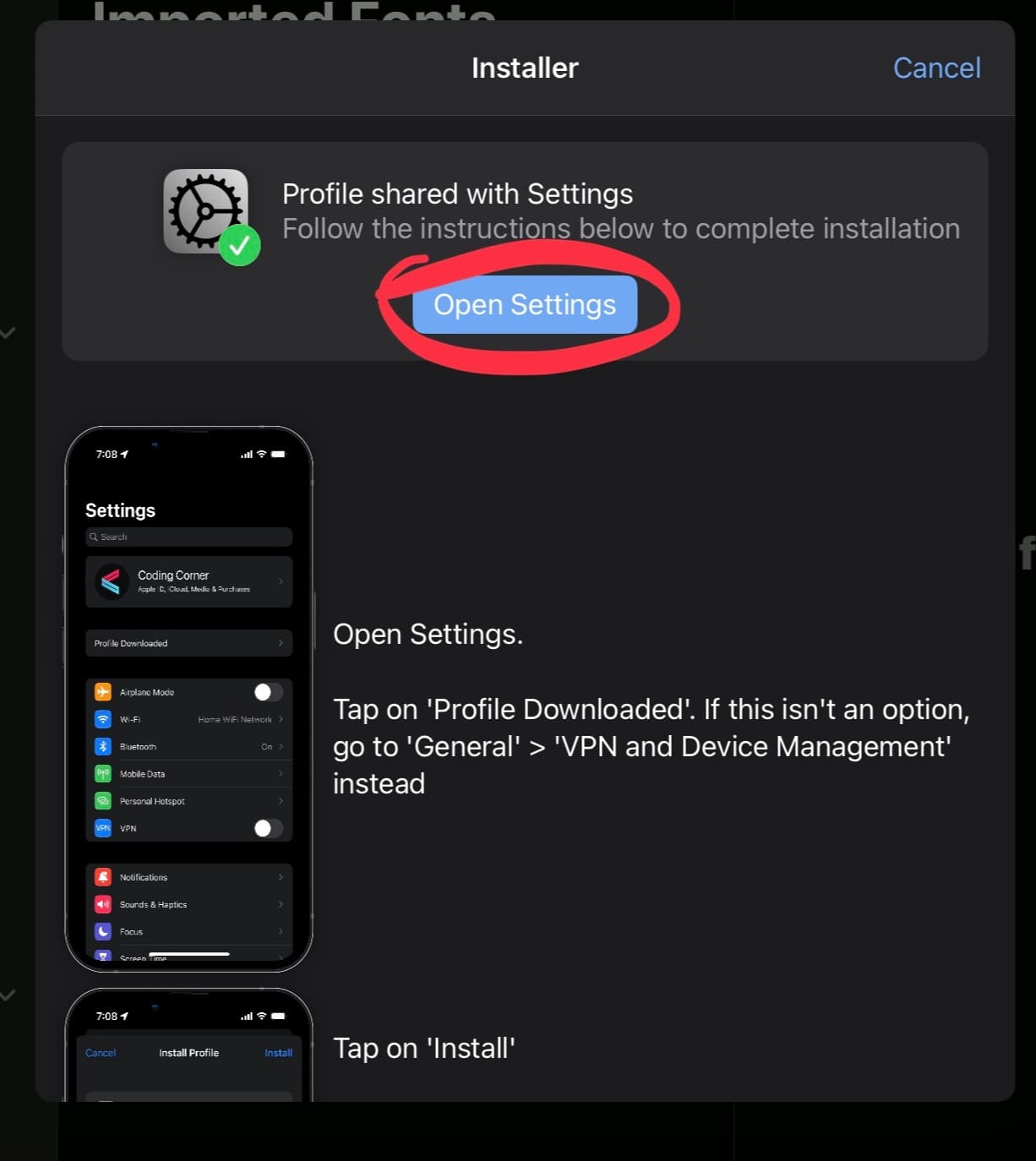 Open Settings라는 버튼에 동그라미를 친 모습입니다.