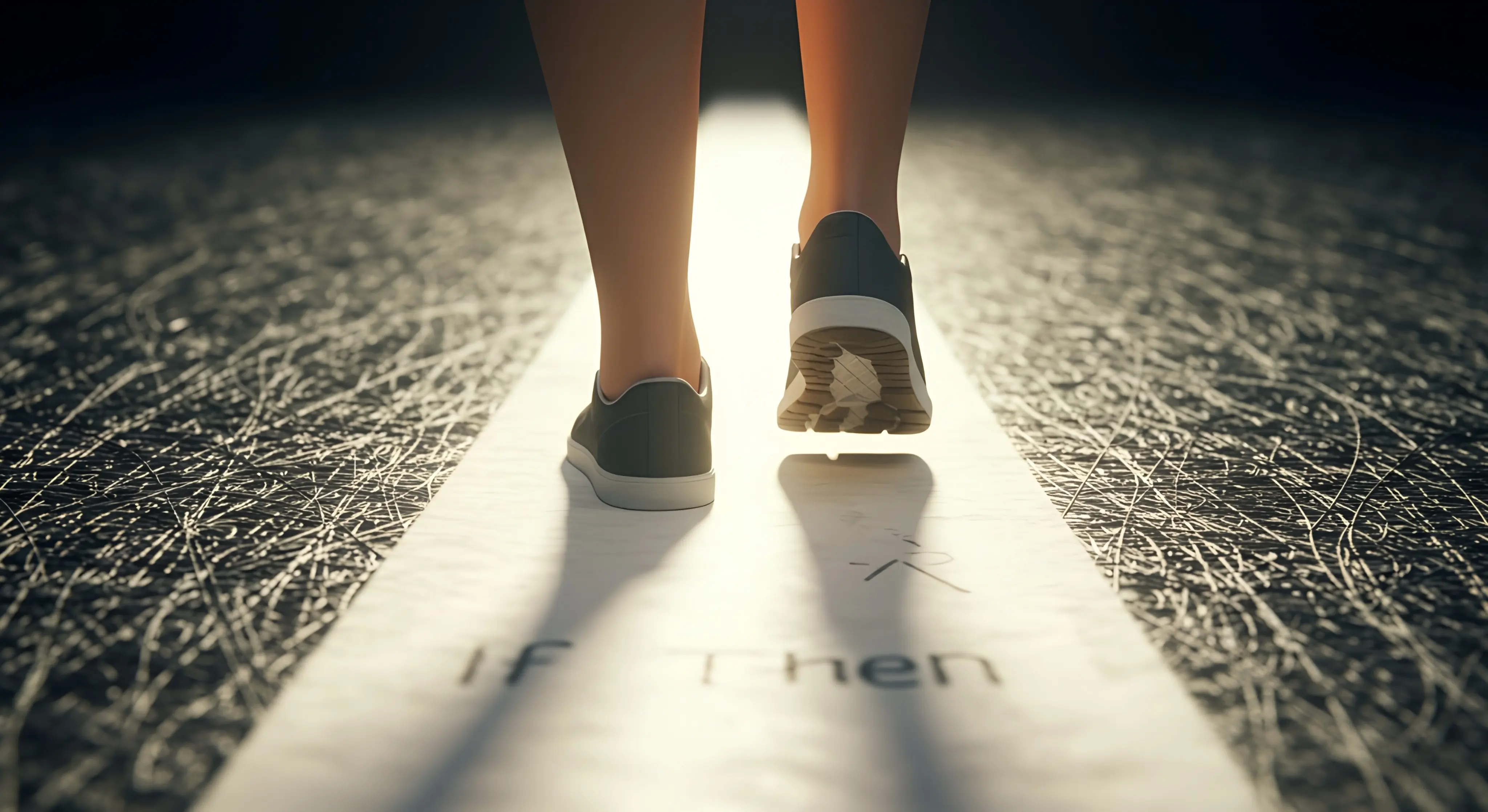복잡하고 얽힌 배경에서 벗어나 밝고 명확한 길을 향해 발걸음을 내딛는 사람의 다리와 신발, 길에는 '만약-그러면'을 의미하는 단어가 표시되어 있으며 희망적인 분위기와 아침 햇살 같은 부드러운 조명이 길을 비추고 있음.