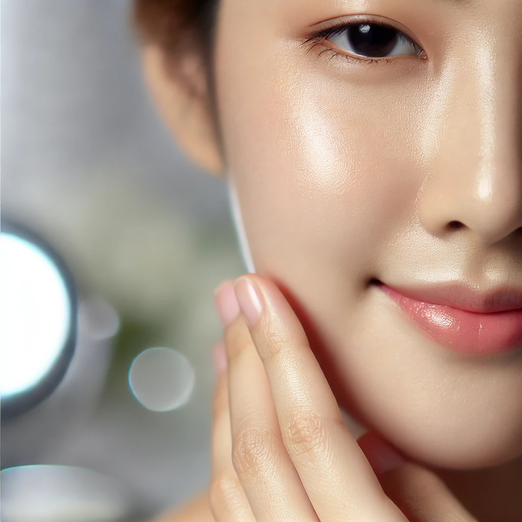 미백 스킨케어 제품 사용 후 고른 톤의 밝고 빛나는 피부를 강조한 클로즈업 이미지. 부드럽고 건강한 피부의 광채를 보여주는 장면.