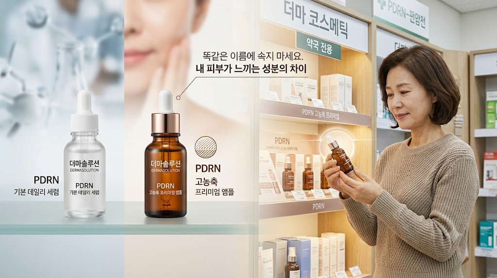 약국에서 같은 제품이지만 다른 라인업의 성분 차이를 고민하는 여성
