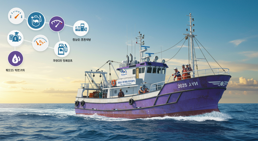 2025년 어업인 유류세 지원 정책을 상징하는 해양 일러스트레이션. 어선과 유류 지원 아이콘, 환하게 웃는 어업인들이 보인다.