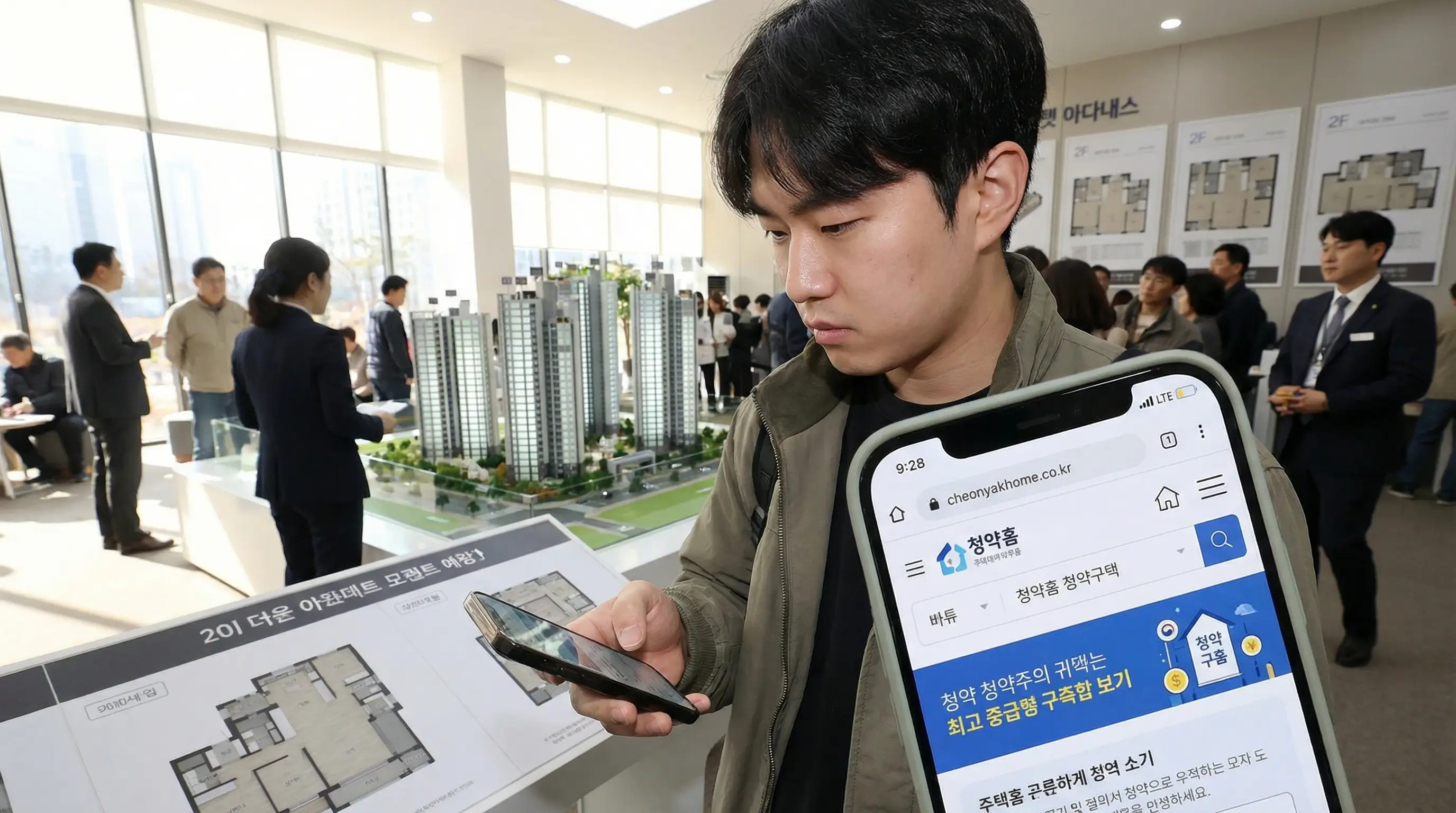 한국인 청년이 아파트 모델하우스에서 스마트폰으로 청약홈 사이트를 확인하며 분양 정보를 검증하는 모습