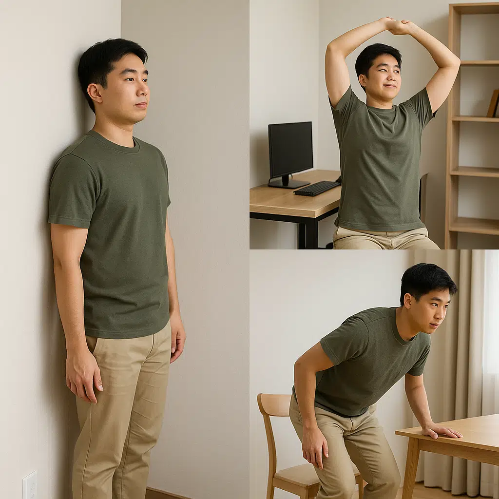 하루에 한 번 자세를 체크하는 모습, 벽에 등을 대고 자세 점검하는 사람. 일상 속 작은 실천을 이어가는 사람의 모습(책상 앞 스트레칭, 의자에서 일어나는 장면)