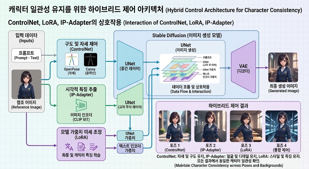 ControlNet 의 공간 제어, LoRA 의 특징 학습, IP-Adapter 의 이미지 참조가 결합된 캐릭터 일관성 유지 아키텍처 구조도