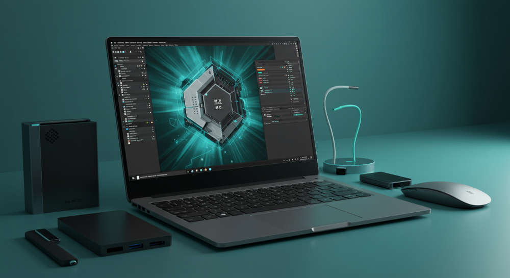 깔끔한 작업 공간에서 창의적인 디자인 소프트웨어를 실행 중인 17인치 노트북과 주변기기들