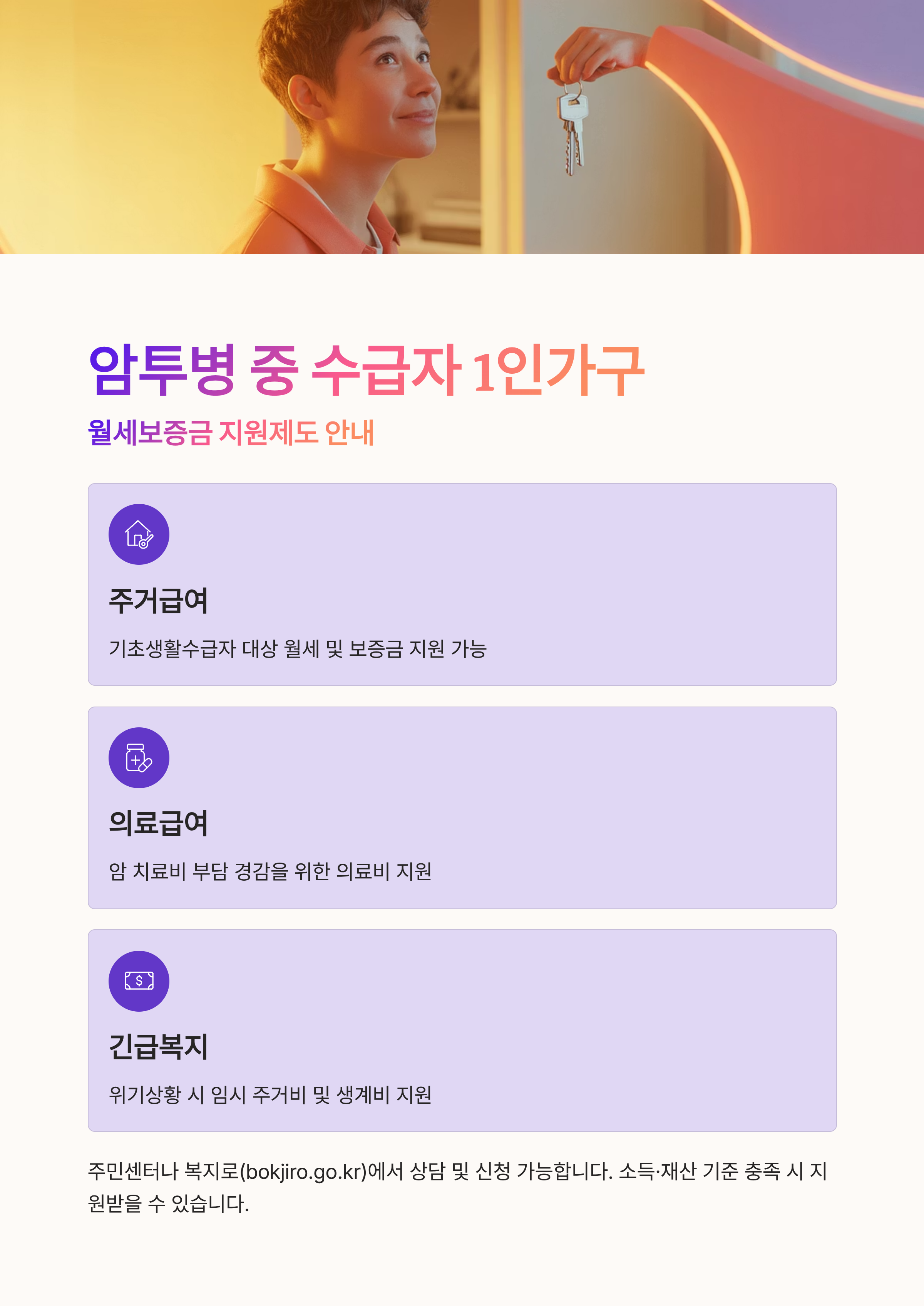 암투병 중 수급자 1인가구, 월세보증금 지원제도 있을까?