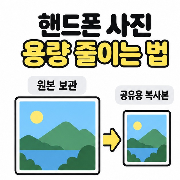핸드폰 사진 용량 줄이는 법 제목 아래 원본 보관과 공유용 복사본을 크기가 다른 풍경 그림과 화살표로 나타낸 이미지