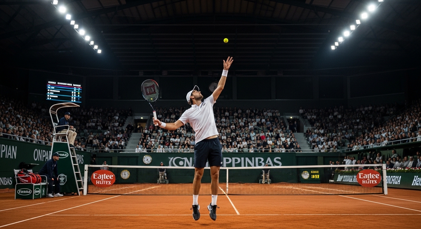 서브를 준비하며 완벽한 정적이 흐르는 코트의 긴장된 모습