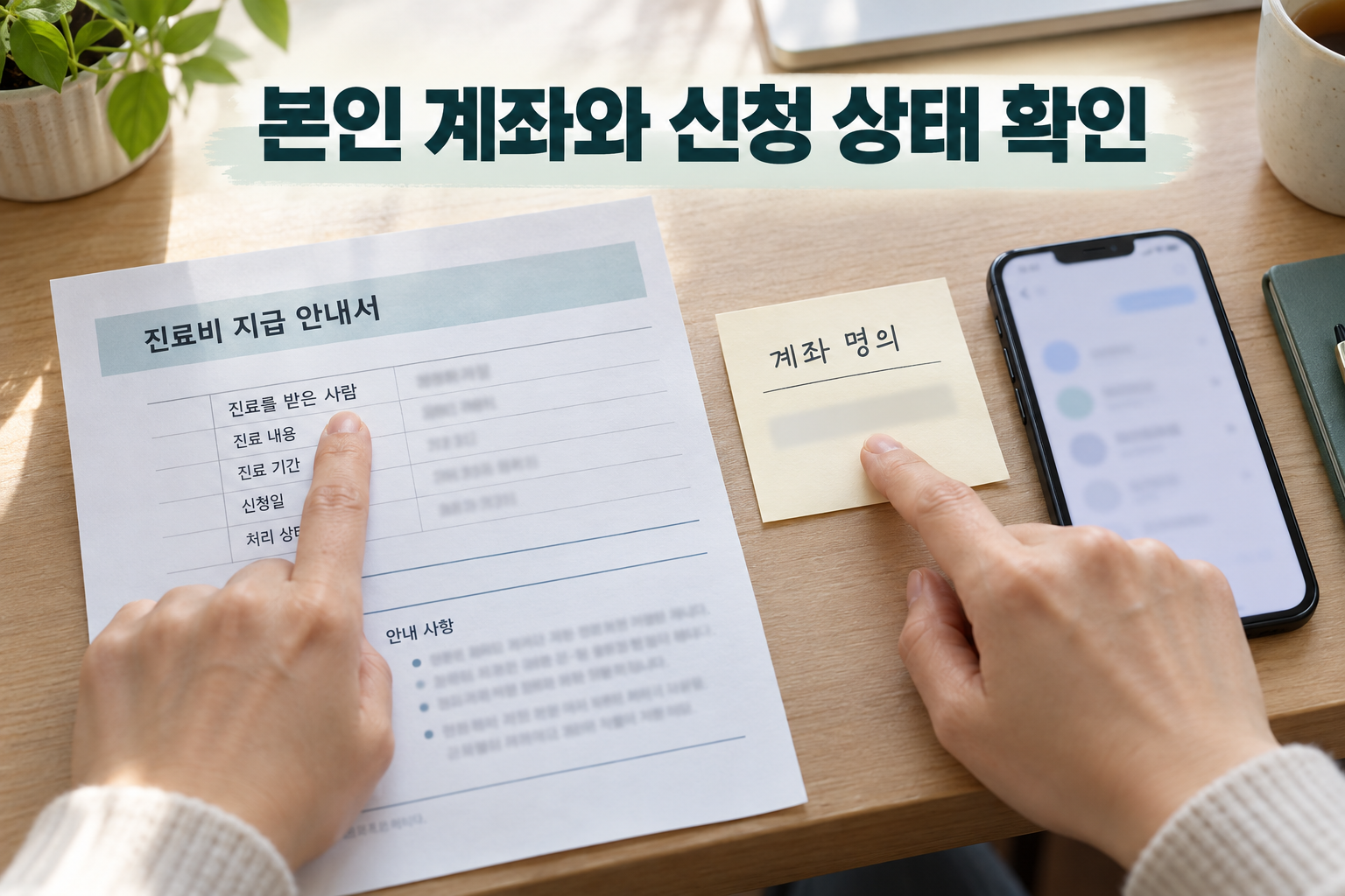 환급 안내문과 계좌 명의 확인 메모를 놓고 휴대전화로 확인하는 사람