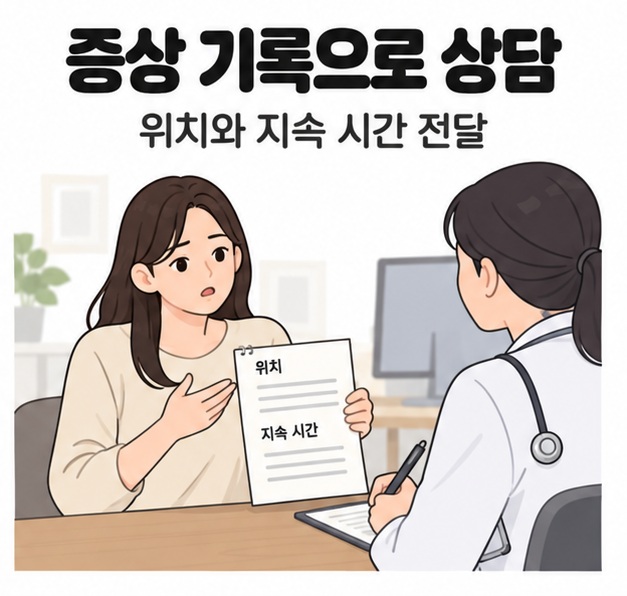 증상 기록으로 상담 문구 아래 여성이 위치와 지속 시간이 적힌 메모를 보여 주며 의사와 상담하는 모습