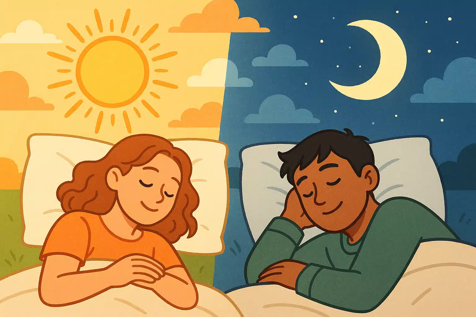 아침형·저녁형 사람 모두 편안하게 잠든 모습, 배경에 달과 해가 함께 떠 있는 상징적 이미지