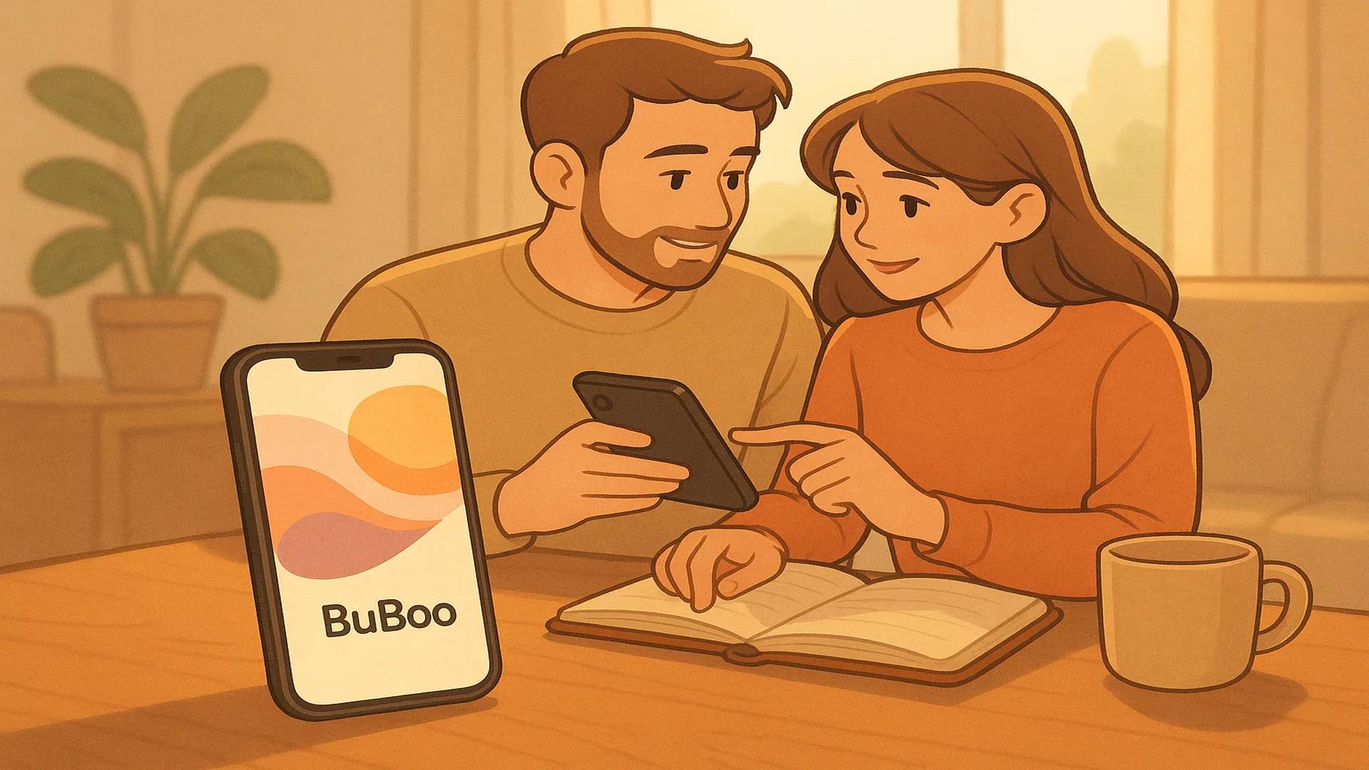 스마트폰 화면에 BuBoo 앱이 열려있고, 부부가 함께 가계부를 확인하는 따뜻한 분위기의 일러스트 이미지
