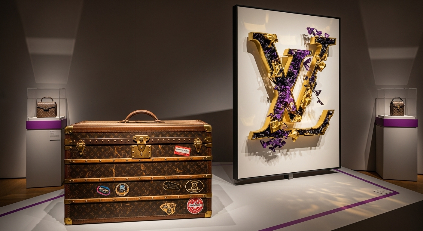 루이 비통 전시회에서 빛나는 오래된 트렁크와 현대적인 디자인의 핸드백이 조화롭게 전시된 모습. 브랜드의 역사와 예술성을 보여준다.