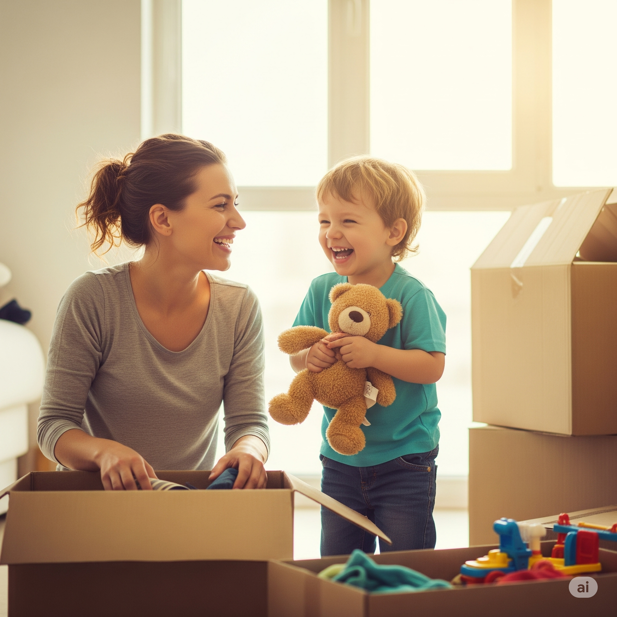 이사 준비를 하고 있는 엄마와 아기