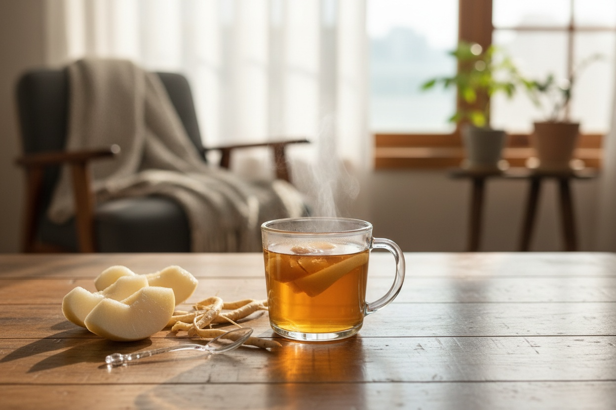 유리 머그컵에 따뜻한 도라지배 차가 담겨 있고, 곁에 잘 익은 배와 손질된 도라지 뿌리가 함께 놓여 있는 모습