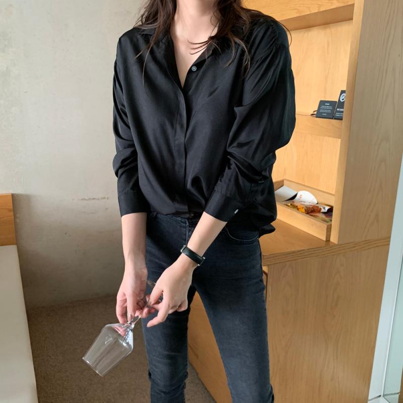 히든버튼 새틴 실크블라우스 루즈핏 여성 셔츠 블라우스 여자 가을 블랙블라우스 우먼오피스룩