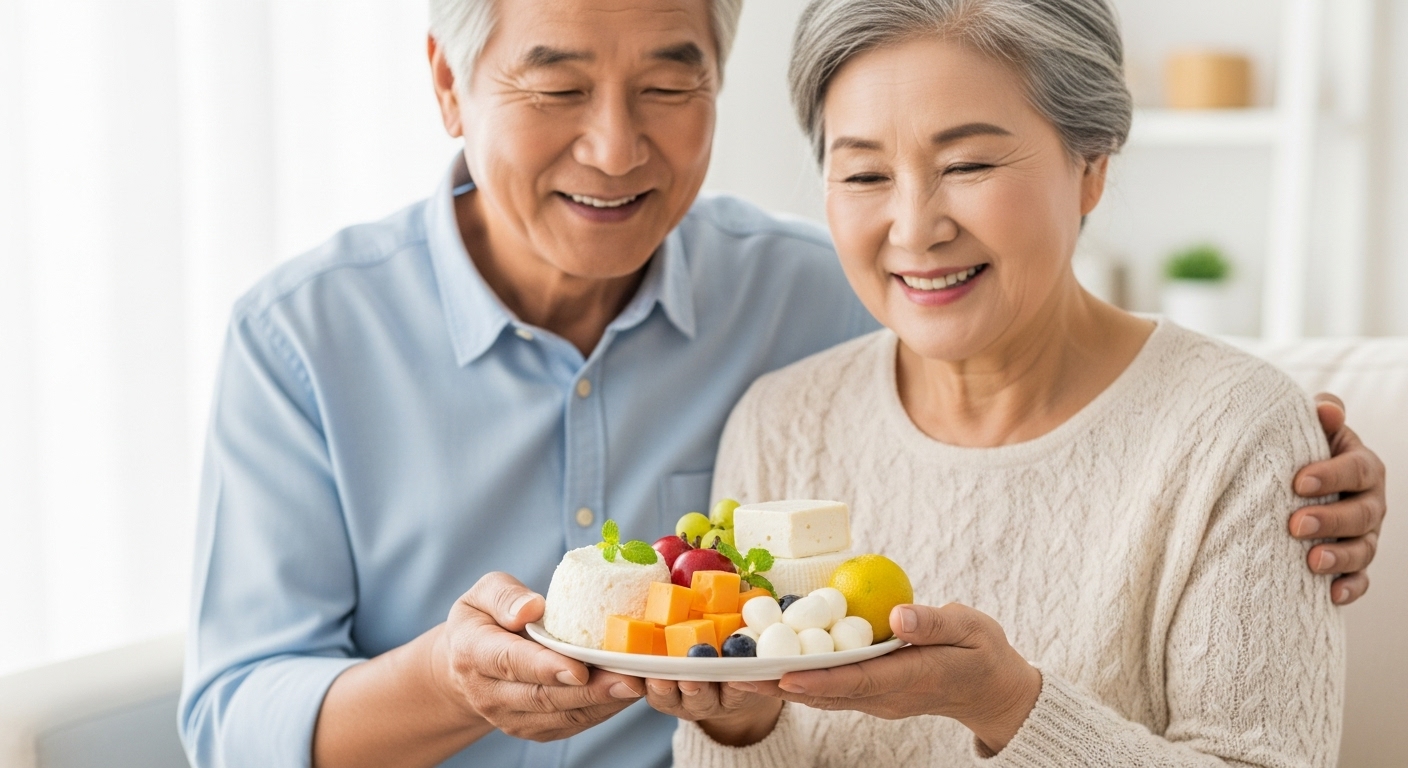 노부부가 치즈와 과일이 담긴 접시를 들고 행복하게 웃고 있는 모습, 치매 예방에 좋은 효도 치즈 식단을 상징하는 이미지