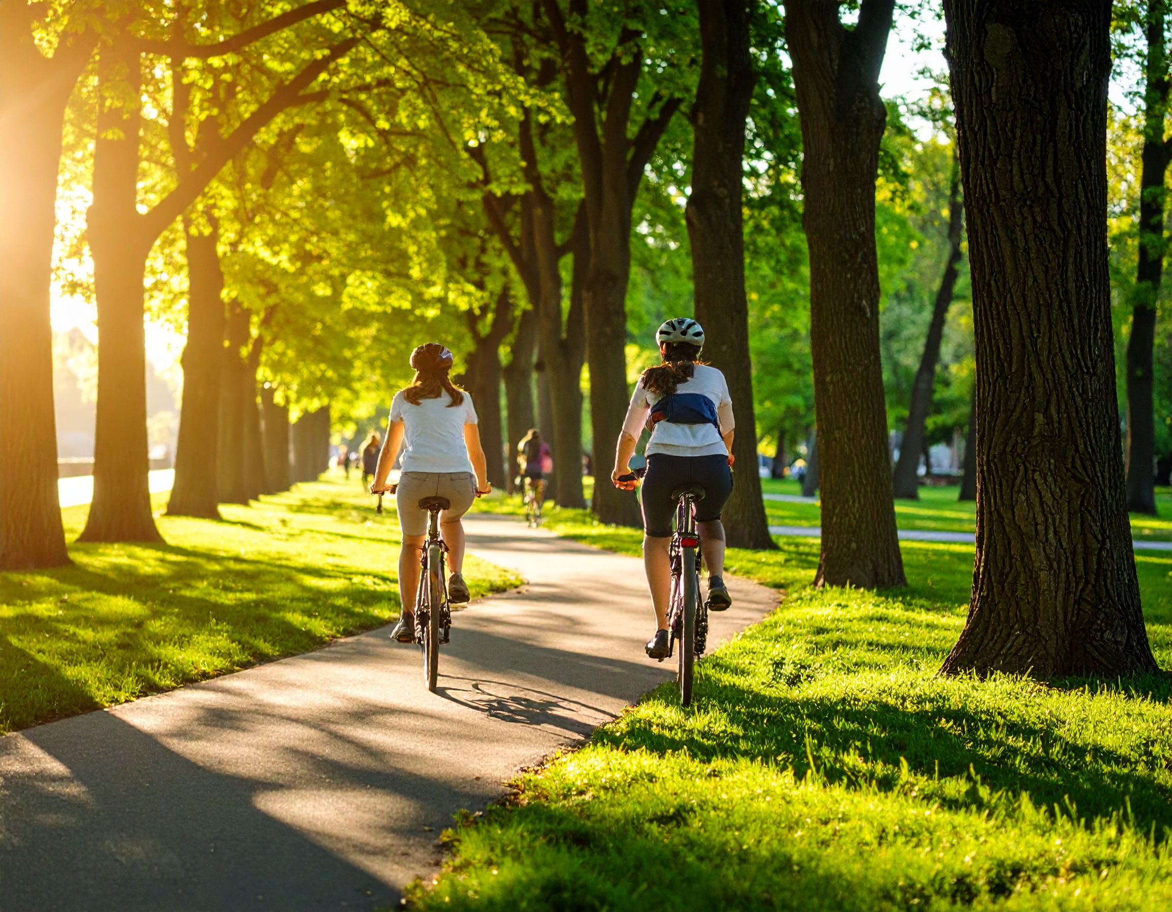 햇살 가득한 공원에서 자전거를 타는 사람들