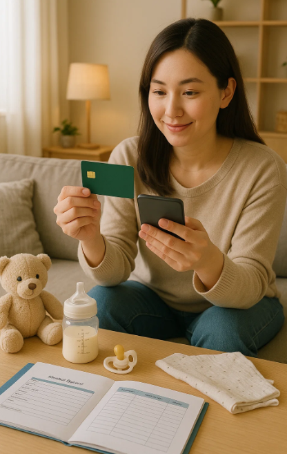 육아맘이 체크카드 혜택을 비교하며 사용하는 모습