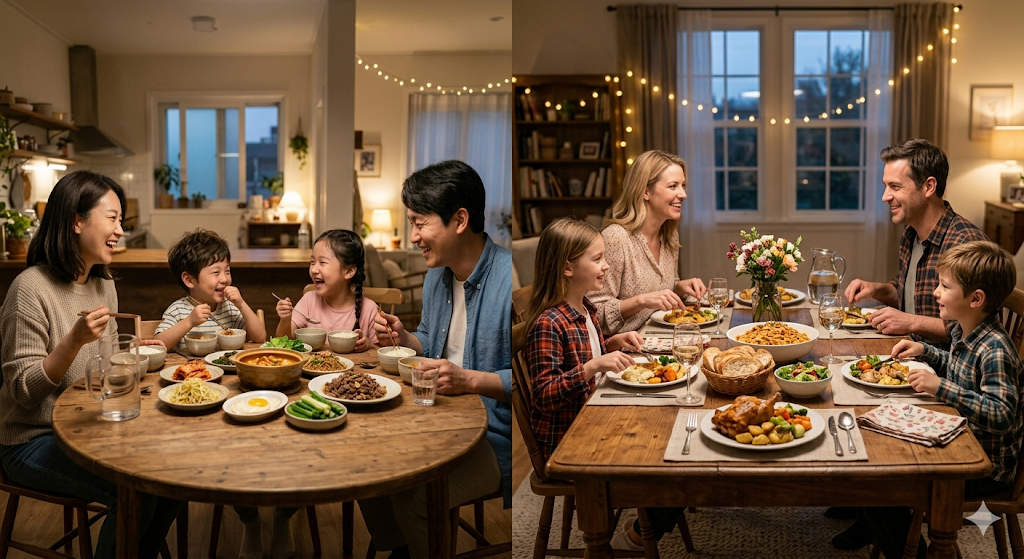 동, 서양의 식사 모습