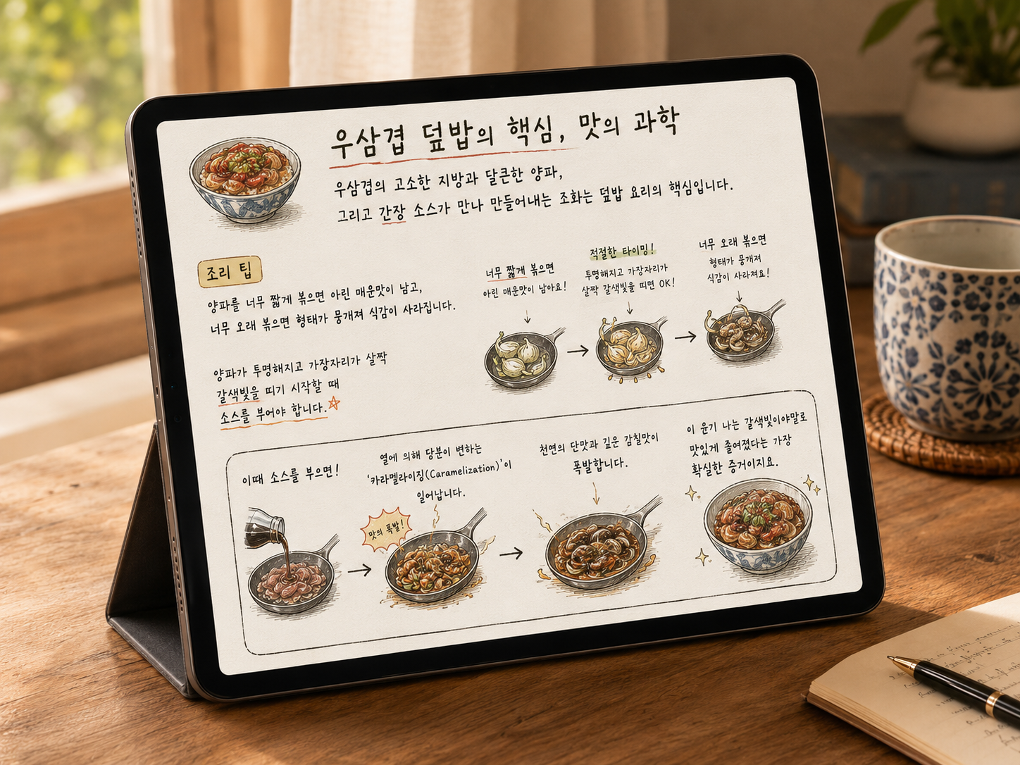 아이패드 프로크리에이트 앱 화면을 담은 일러스트. 우삼겹 덮밥의 핵심인 '양파 카라멜라이징' 원리를 단계별로 설명하고 있다. 양파 조리 시 너무 짧게 볶으면 아린 매운맛이 남고, 너무 오래 볶으면 형태가 뭉개지는 점을 지적하며, 양파가 투명해지고 가장자리가 살짝 갈색빛을 띨 때 소스를 붓는 것이 적절한 타이밍임을 강조한다. 소스를 부은 후 열에 의해 당분이 변화하는 카라멜라이징 과정을 통해 천연의 단맛과 깊은 감칠맛이 폭발하는 원리를 도식화했으며, 이 윤기 나는 갈색빛이 요리가 맛있게 완성되었다는 증거임을 안내한다. 식재료의 조리 과학적 변화를 이해하기 쉽게 정리한 교육용 요리 노트이다.