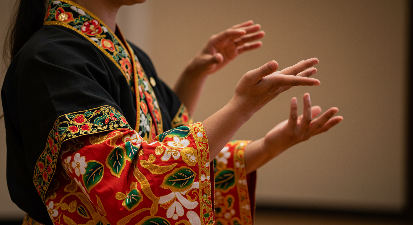 류큐 의상을 입고 춤의 기본 손동작을 배우는 모습