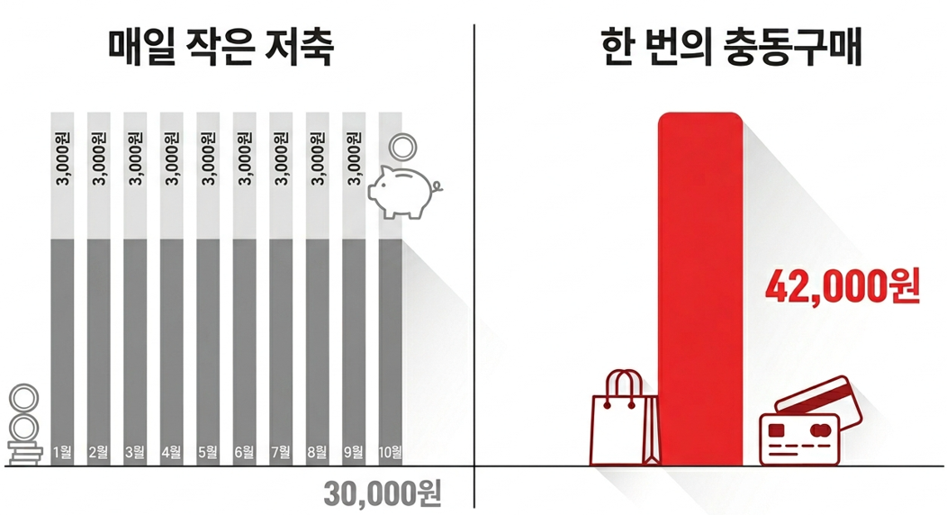 10일 절약 3만원 vs 반동 소비 하루 4만2천원 &mdash; 반동 소비가 절약을 지우는 구조