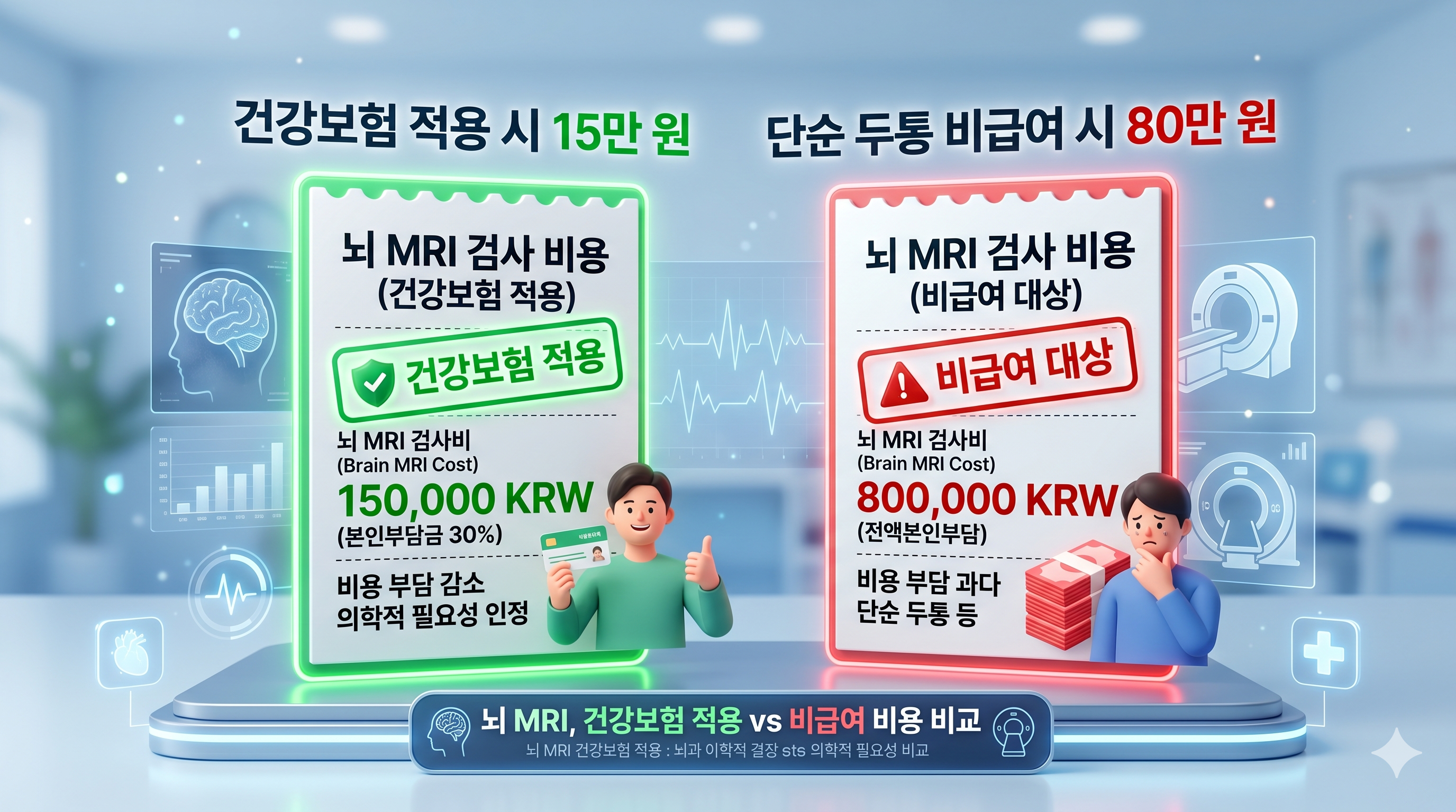 신경학적 이상 소견이 있어 건강보험이 적용된 15만 원짜리 영수증과, 의사 소견 없이 단순 두통으로 찍어 80만 원이 청구된 비급여 영수증의 극단적인 비용 차이를 보여주는 진료비 계산서
