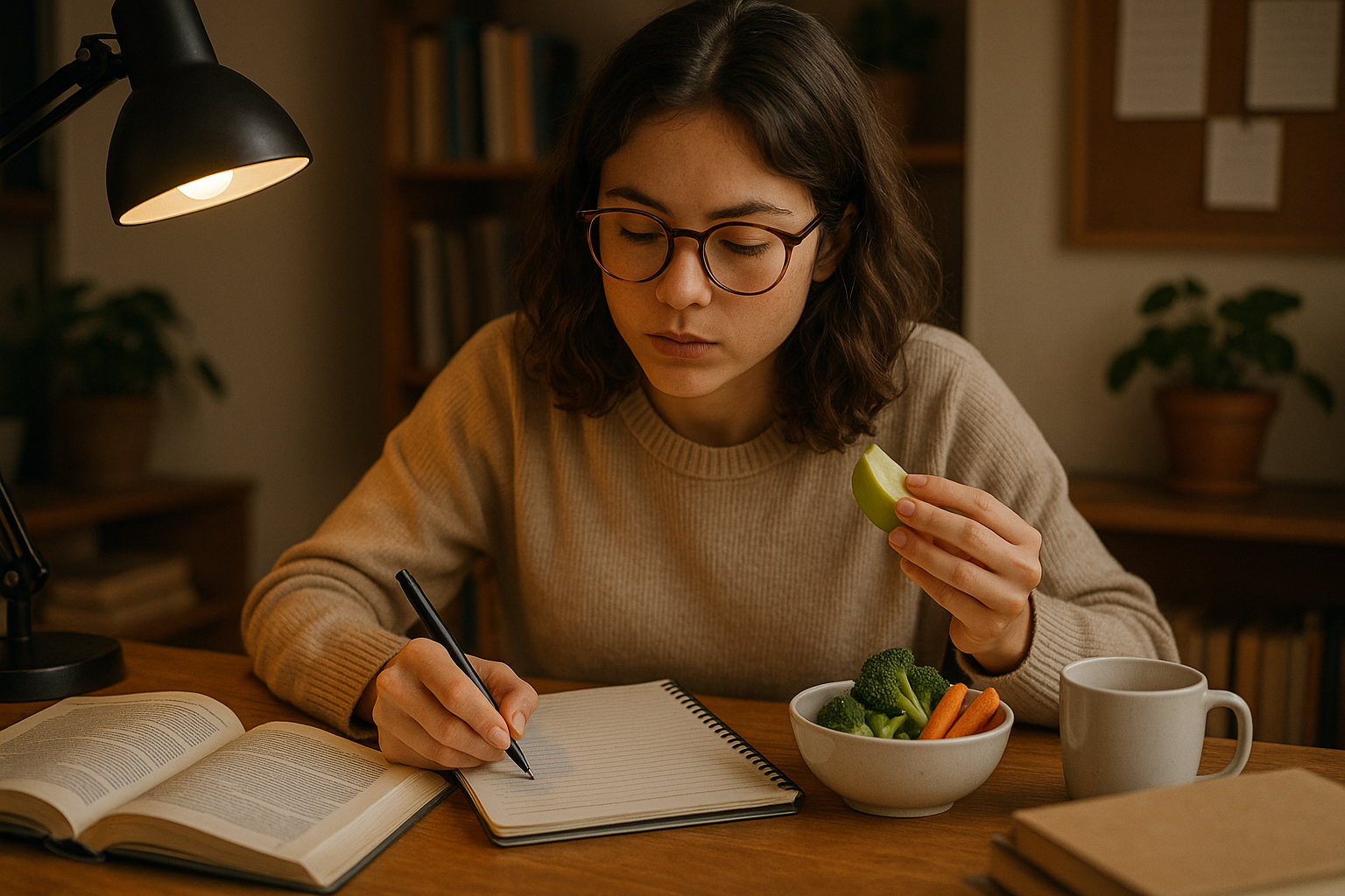 학생이 책상 앞에서 건강한 간식을 먹으며 공부하는 모습, 집중하는 표정