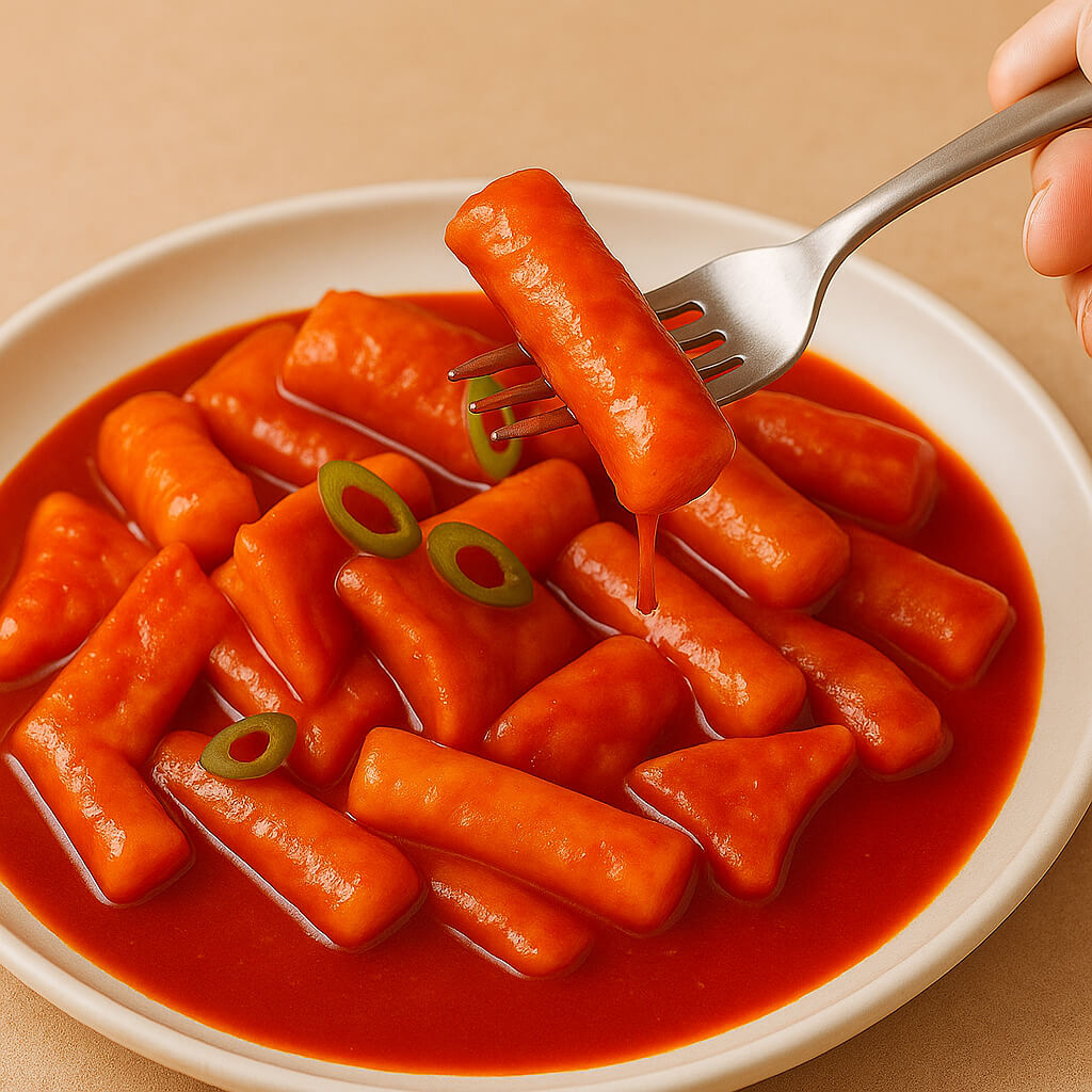 포크로 찍어 먹는 국물 떡볶이