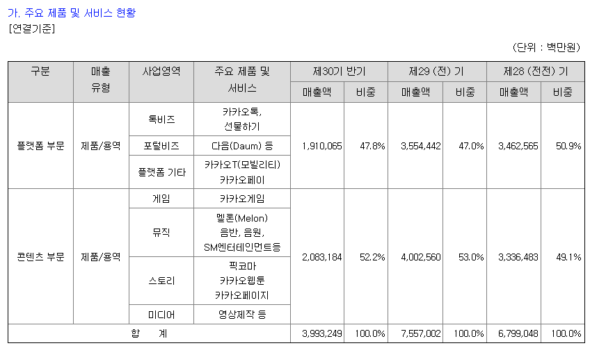 카카오 주요제품 및 매출 현황
