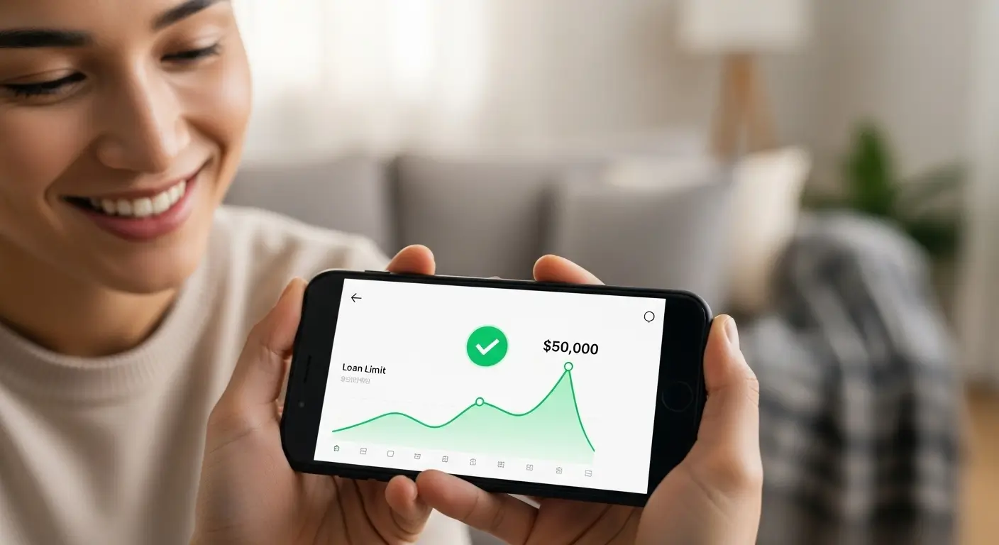 스마트폰으로 신용점수 영향 없이 간편하게 대출 한도를 조회하고 안심하는 사용자의 모습