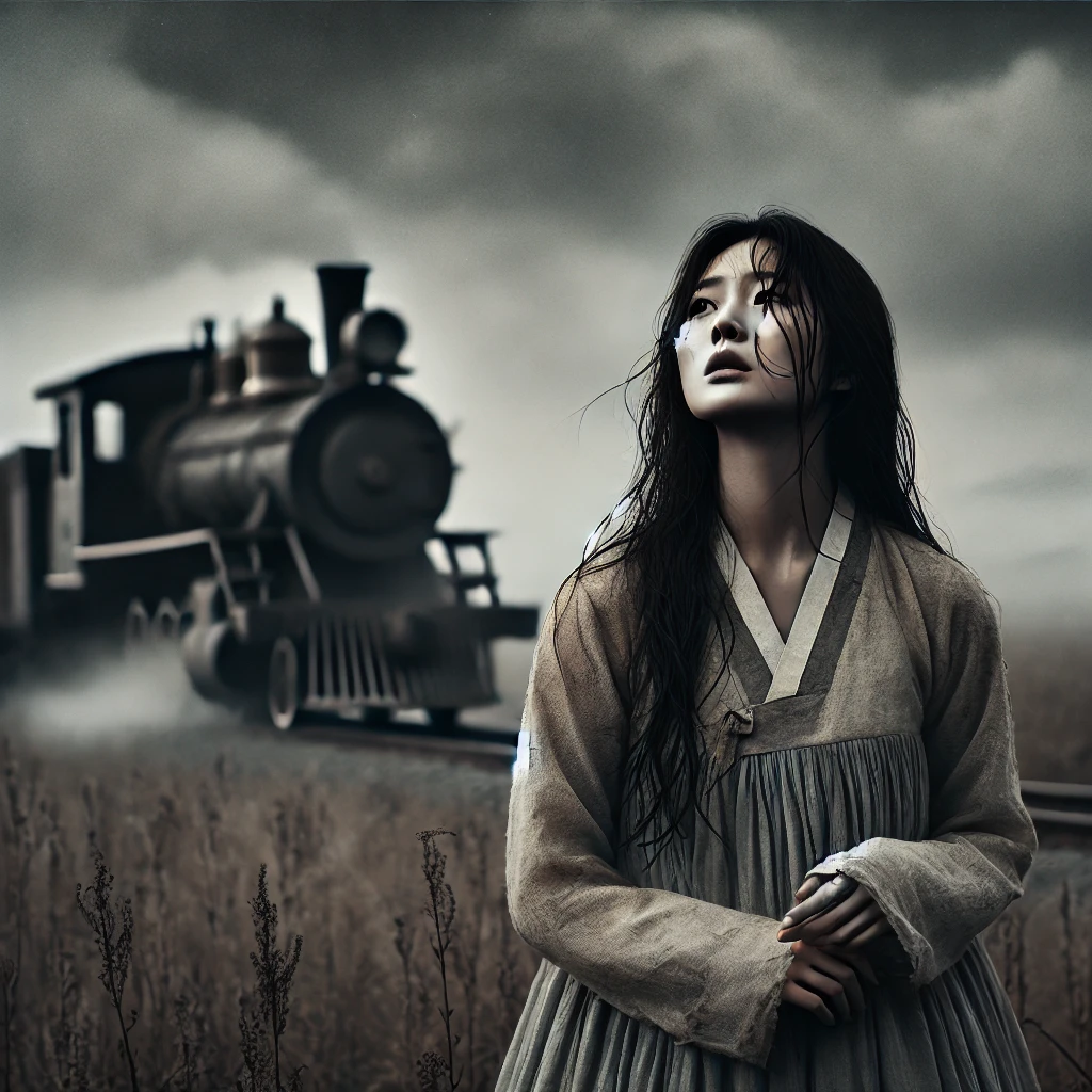 한국 드라마. 역사적 슬픔을 간직한 채 하늘을 올려다보고 있는 여주인공