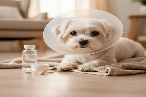 넥카라를 하고 약과 함께 있는 하얀 말티즈. 피부병 치료 과정의 어려움과 보호자의 인내심이 필요함을 상징적으로 보여줍니다.